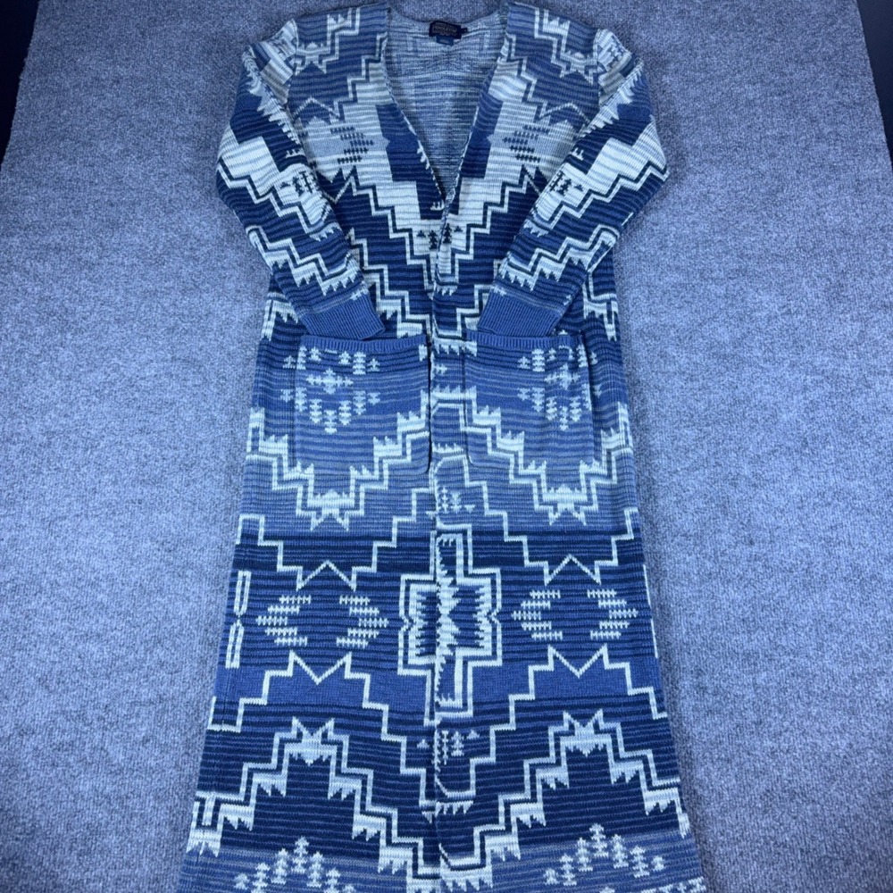 Pendleton Blue White Southwestern Geometric Longline Duster Cardigan Sweater S - Picture 1 of 16